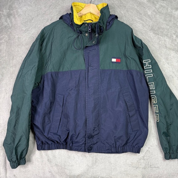 Tommy Hilfiger Colorblock Windbreaker Jacket Navy Green Mens XL Logo Spellout